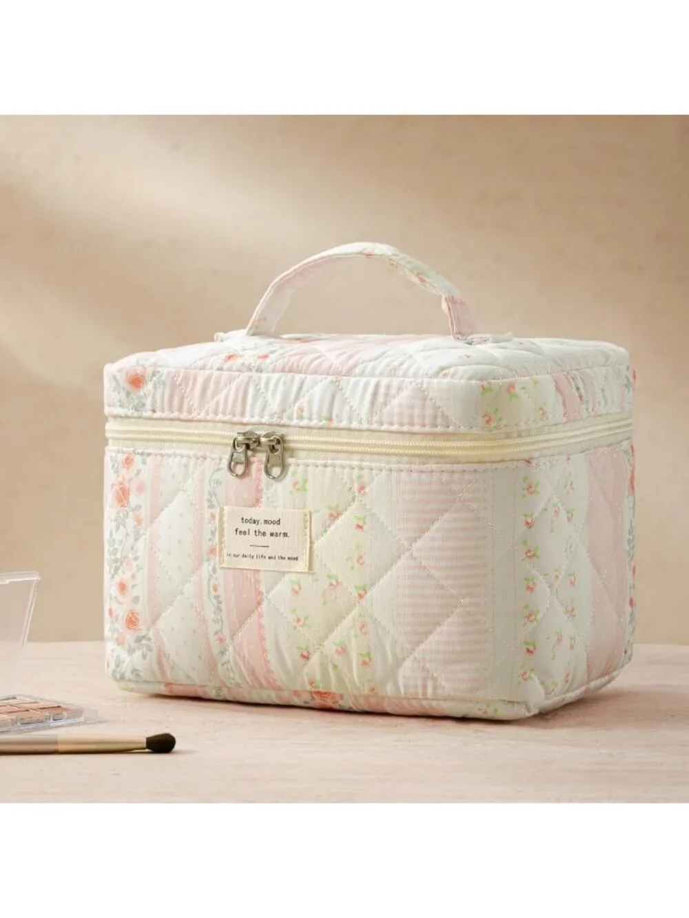3-Piece Quilted Travel Makeup Bag Set - Large Cotton Organizer for Cosmetics